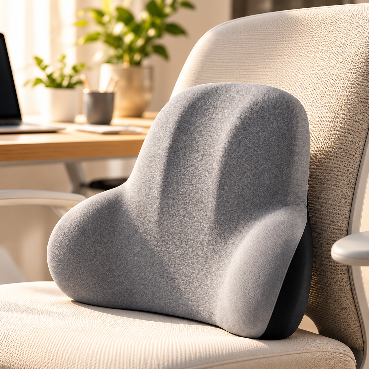 Coussin ergonomique gris sur chaise de bureau