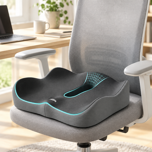 Coussin d’assise ergonomique mémoire de forme TEVO – mise en situation sur chaise