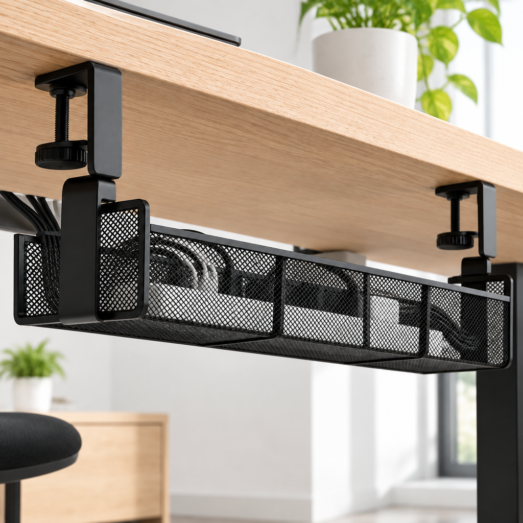 Panier range-câbles TEVO installé sous un bureau
