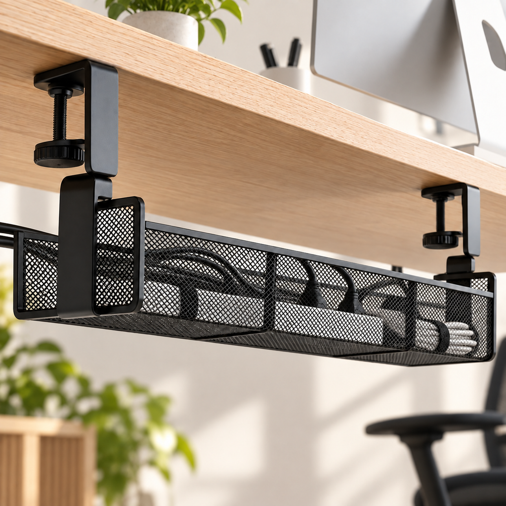 Panier range-câbles TEVO installé sous un bureau
