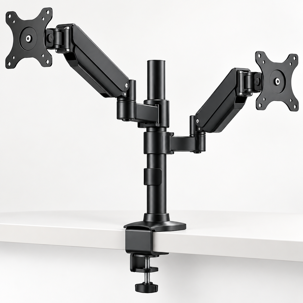 Support double écran TEVO – détail pince et articulations