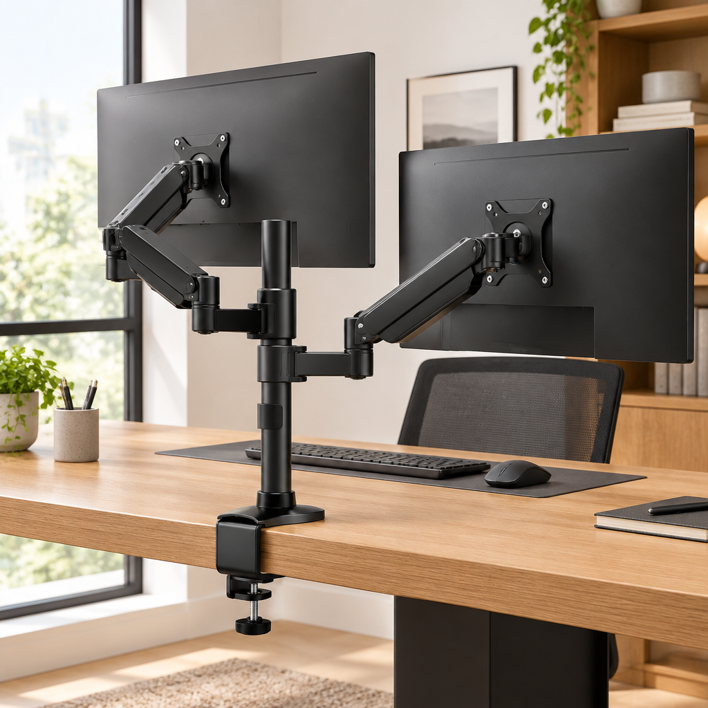 Support double écran TEVO installé sur un bureau