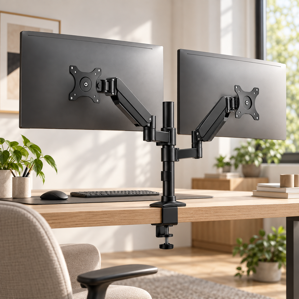 Support double écran articulé TEVO installé au bureau
